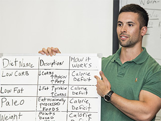 Man holding a white board with diet names and descriptions.